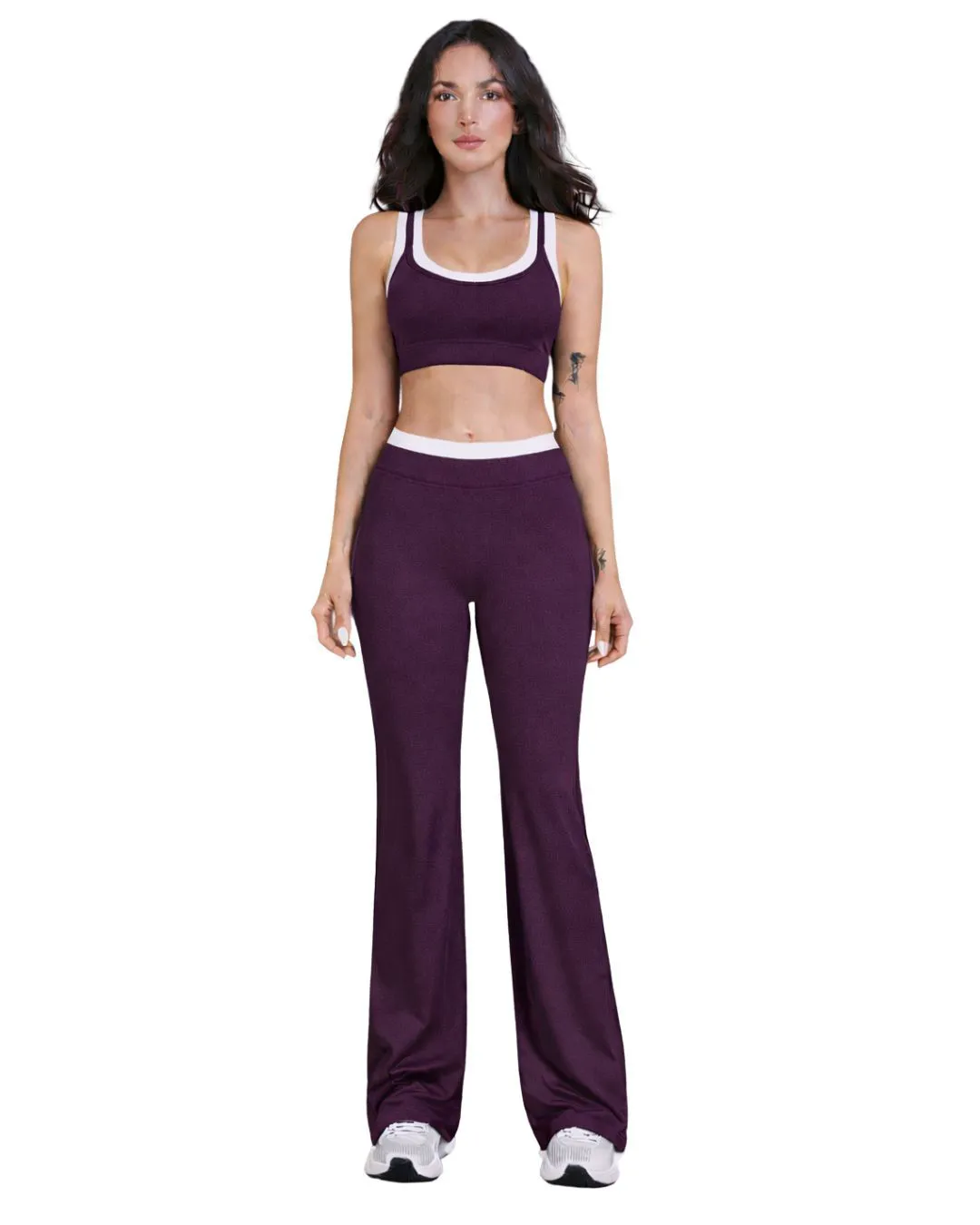 Custom Women Plum White Contrast Sports Bra And Flare Pants Set High Waist Stretch Yoga Fitness Gym Wear OEM Wholesale