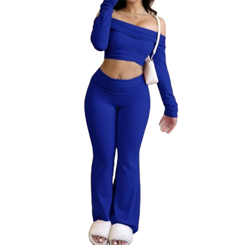MCDUII Solid color fleece-lined off-shoulder long-sleeved mid-length top Yoga Set Woman