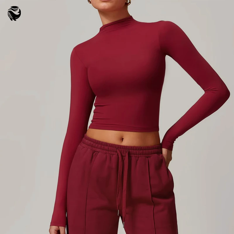 Custom Logo High Neck Yoga Top Gym Long Sleeve Crop Compression Top for Women