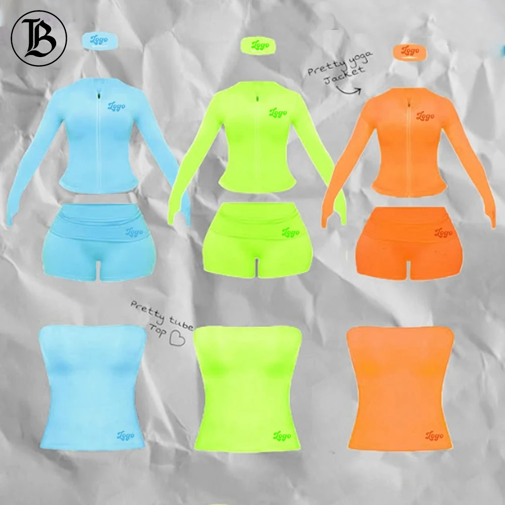 Fall Clothing Women Two Piece Yoga Sets Custom Logo Jacket With Shorts Sports Gym Workout Fitness 2 Piece Tracksuit Set