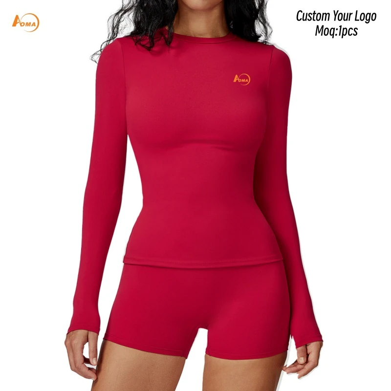 Aoyema Sportswear Women's Long-sleeved Yoga Fitness Suit Slim-fit Crew Neck Moisture Wicking Sweat-Wicking Yoga Outdoor Shirt