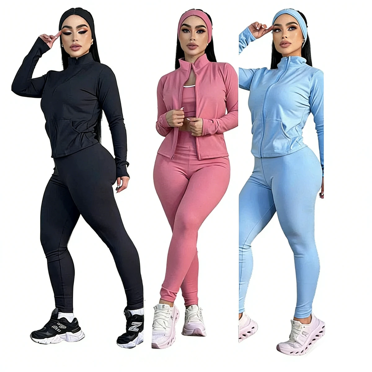 European American Cross-border Breathable High Elastic for Three-piece Solid Color Slim Yoga Suit Fashion Sports Set