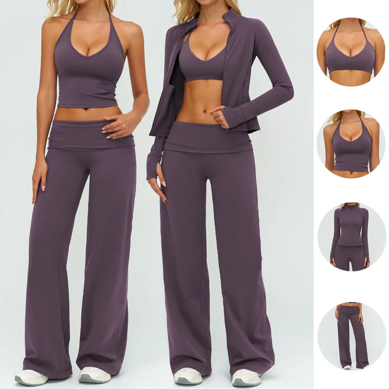 High Elasiticty Fall Active Women 4 Piece Sets Solid Color Full Zipper Jacket Bra Fold Over Yoga Pants Set Fitness Workout Wear