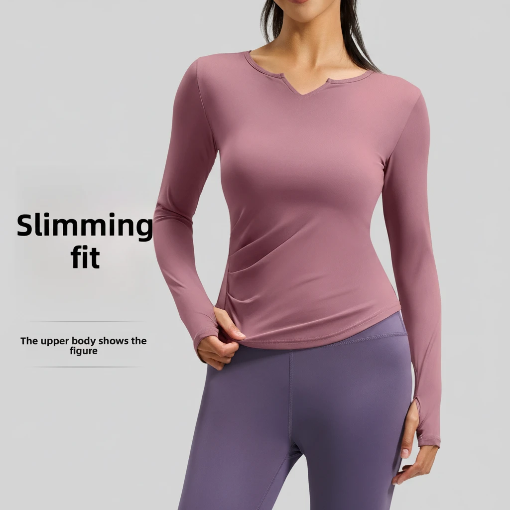V-neck Long-sleeve Spandex/Polyester Yoga Top with Pleated Waist Slimming Effect Tight-fitting Quick Dry Sports Top