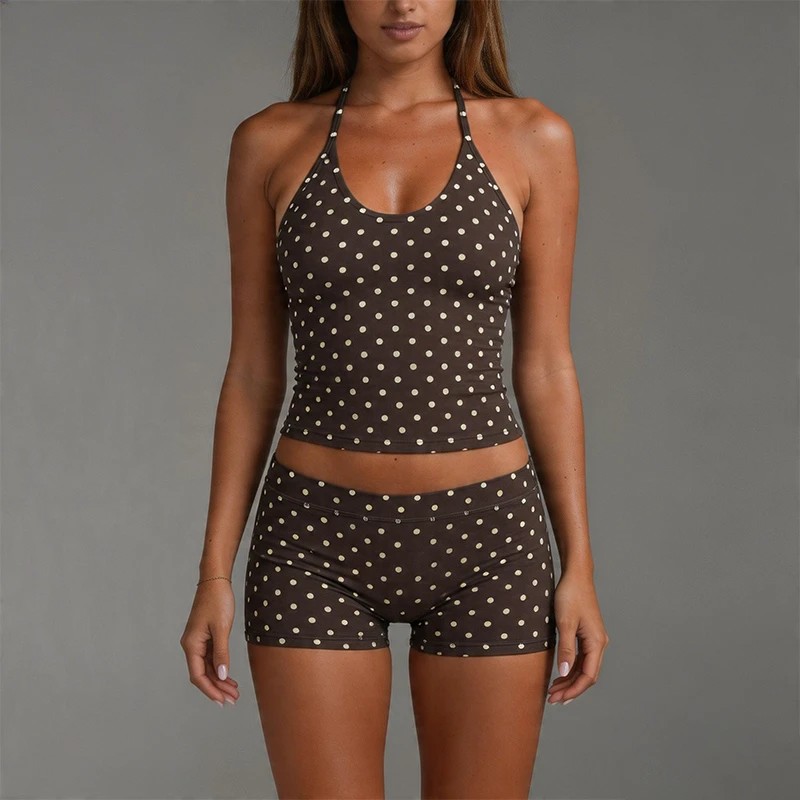 Ruifei Wholesale High Quality Brown Polka Dot Workout Set, Breathable & Stretchy Women's Loungewear