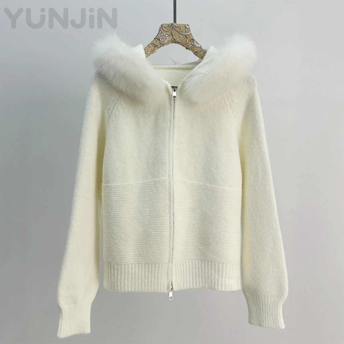 Waffle Knitted Real Fox Fur Collar Cardigan Crochet Sweater Fur Coat Zipper Hooded Long Sleeve Winter Top Women Ladies Clothes