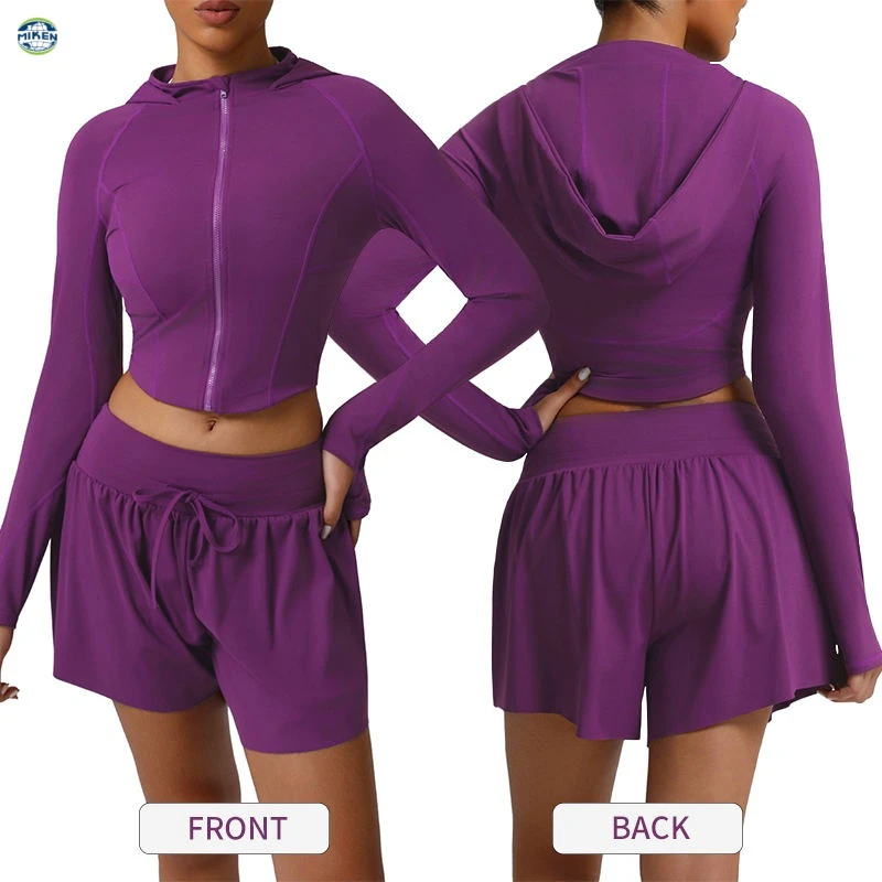 Two-Piece Plus Size Waterproof Fitness Yoga Set High-Stretch Hoodie Shorts Sportswear Workout Clothes Women's Apparel Running
