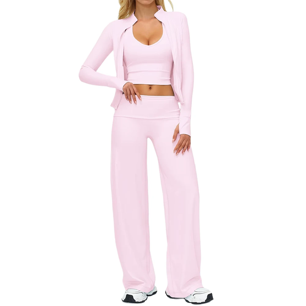 Elastic Brushed Solid Yoga Suit Outdoor Sports Breathable Loose Casual Long Sleeve Coat 3-piece Set Straight Leg Fitness Pants