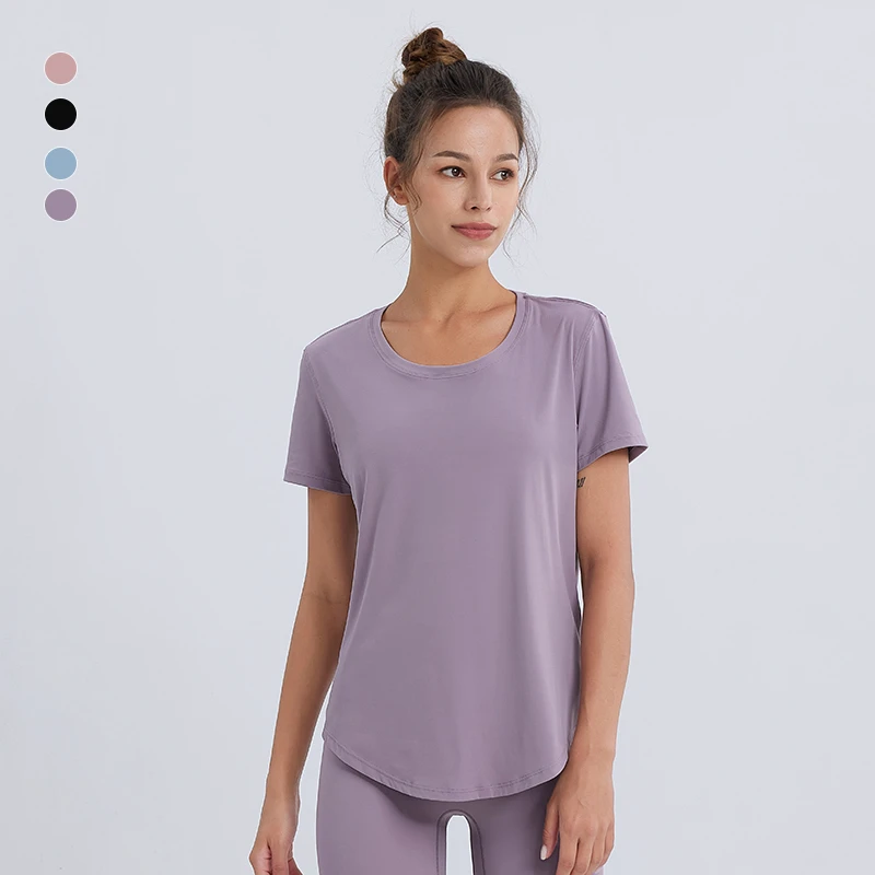 Women's Spring Summer Yoga Top Solid-Color Short-Sleeved T-Shirt Loose & Breathable Fitness Sports Running Compression T-Shirt