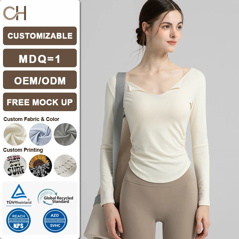 Long Sleeve Crop Tops for Women Big V-Neck Solid Workout Yoga Cropped T-Shirt Top Yoga Tops for Women