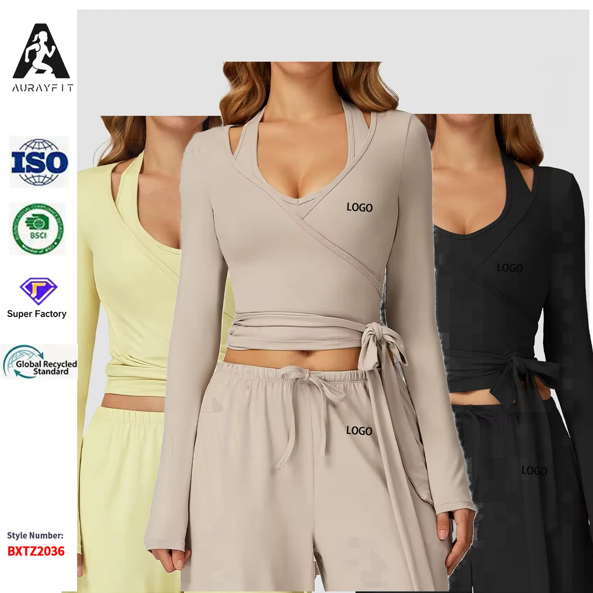 New Elegant Luxury Women's Ballet Wrap Top with Elastic Side Tie Long Sleeves and Front Logo for Yoga T- Shirt Pilates Dancing