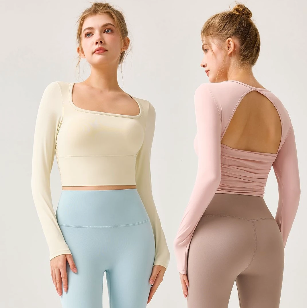 New Fixed-cup Sports Long-sleeved Women's Mesh Beauty Back Cycling Yoga Wear Professional Pilates Fitness Top