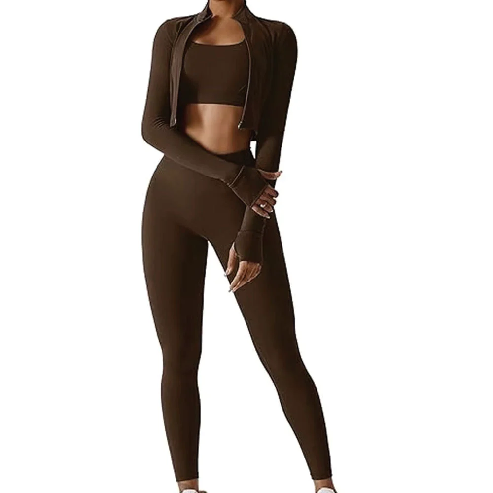 Customized Women 3-Piece Yoga Set High Quality Plus Size Solid Front Elastic Waist Breathable Lightweight Quick Dry 100% Zippers