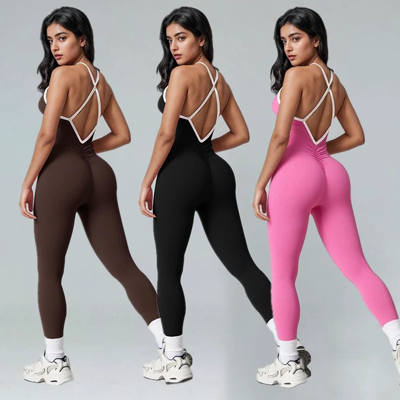 Womens Sleeveless One-Piece Jumpsuits Cross Strap Open Back Yoga Bodysuits for Fitness Sportswear