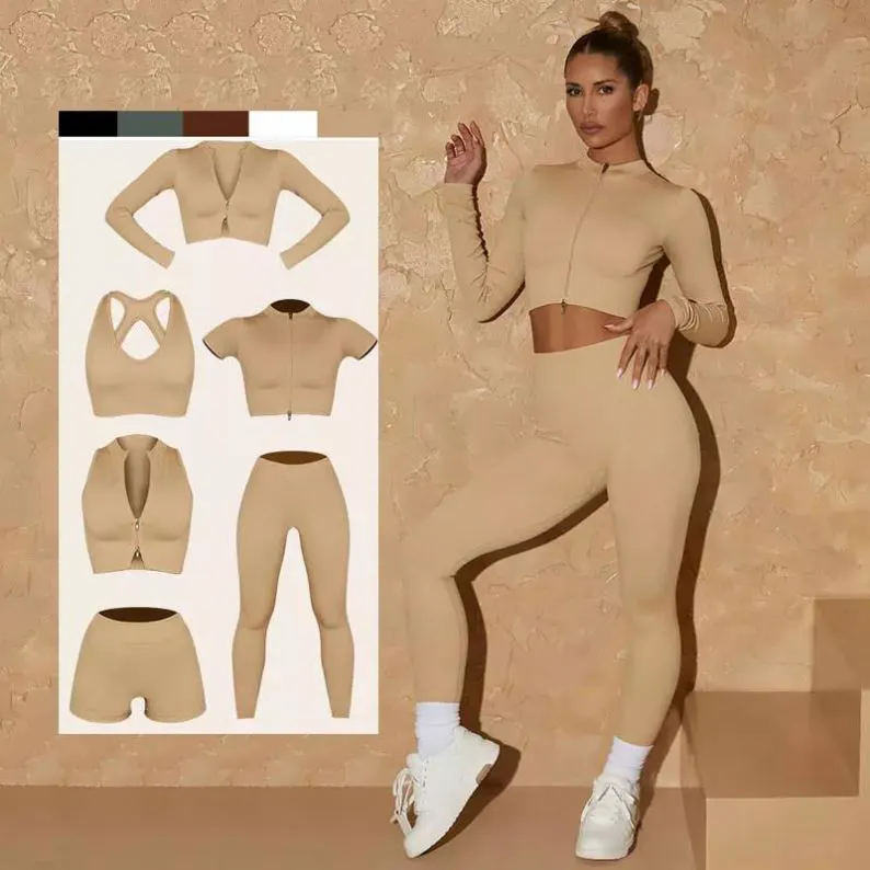 Custom logo 6 Pcs Yoga Set Ribbed Long Sleeve Bra Waist Trainer Leggings Fitness Sets 6 Piece Yoga Set