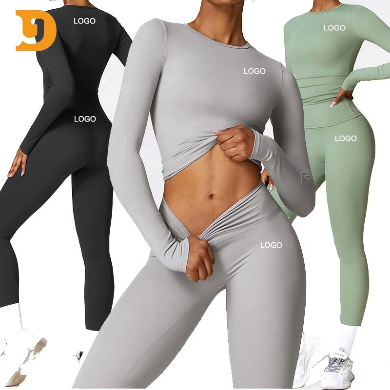 Newest Long Sleeve Crop Top Four-way Stretch Leggings Gym Sportswear Women Sexy Sports Bras Active Sports Quick Dry Yoga Suits