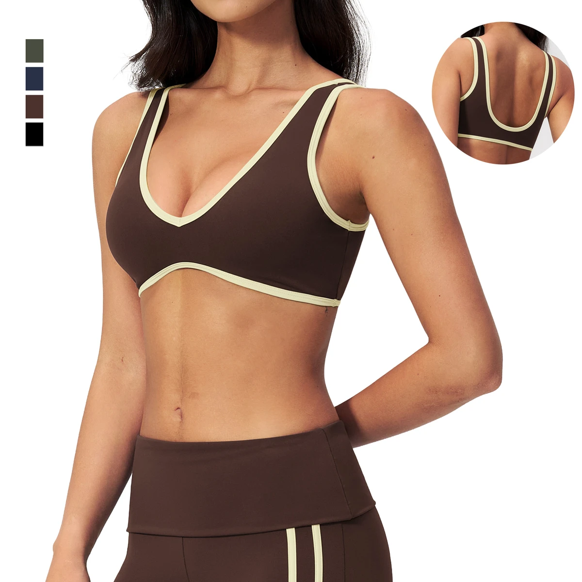 Women's High Support Lightweight Sport Bra Deep V Neck Backless Yoga Top Removable Pads Convertible Straps Contrast Stitch Gym
