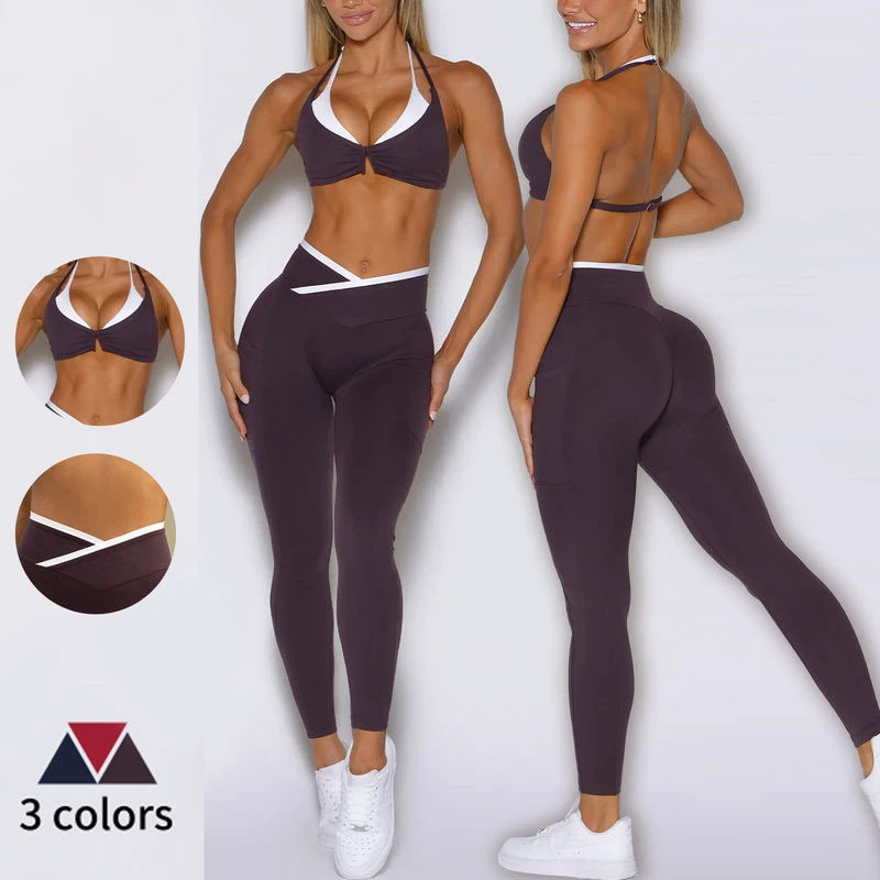 Custom Yoga Gym Workout V Cut Sports Bra Athletic Push up Crossover Leggings Activewear 3 Pieces Set Women