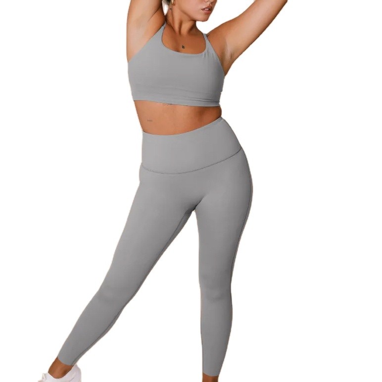 OEM Custom Two-Piece High Elastic Breathable Yoga Wear Set Women Solid Sport Leggings Spandex/Polyester Seamless Gym Suit
