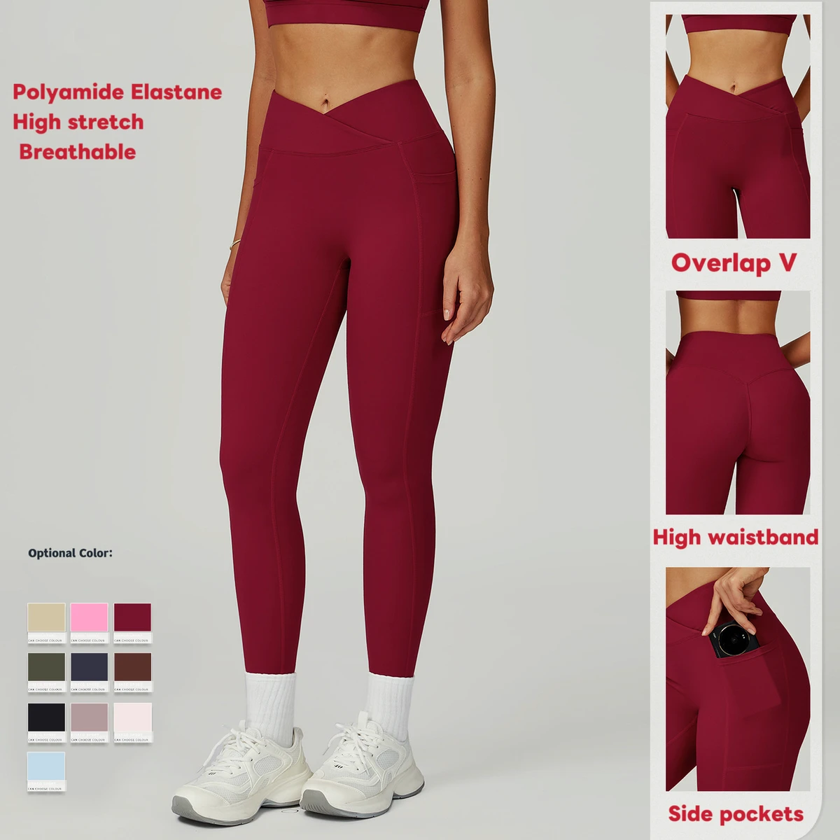 Women's Sports Legging Tight Solid Breathable Polyamide High Waist Overlap V Shape Gym Yoga Fitness Legging Ropa Deportiva Mujer