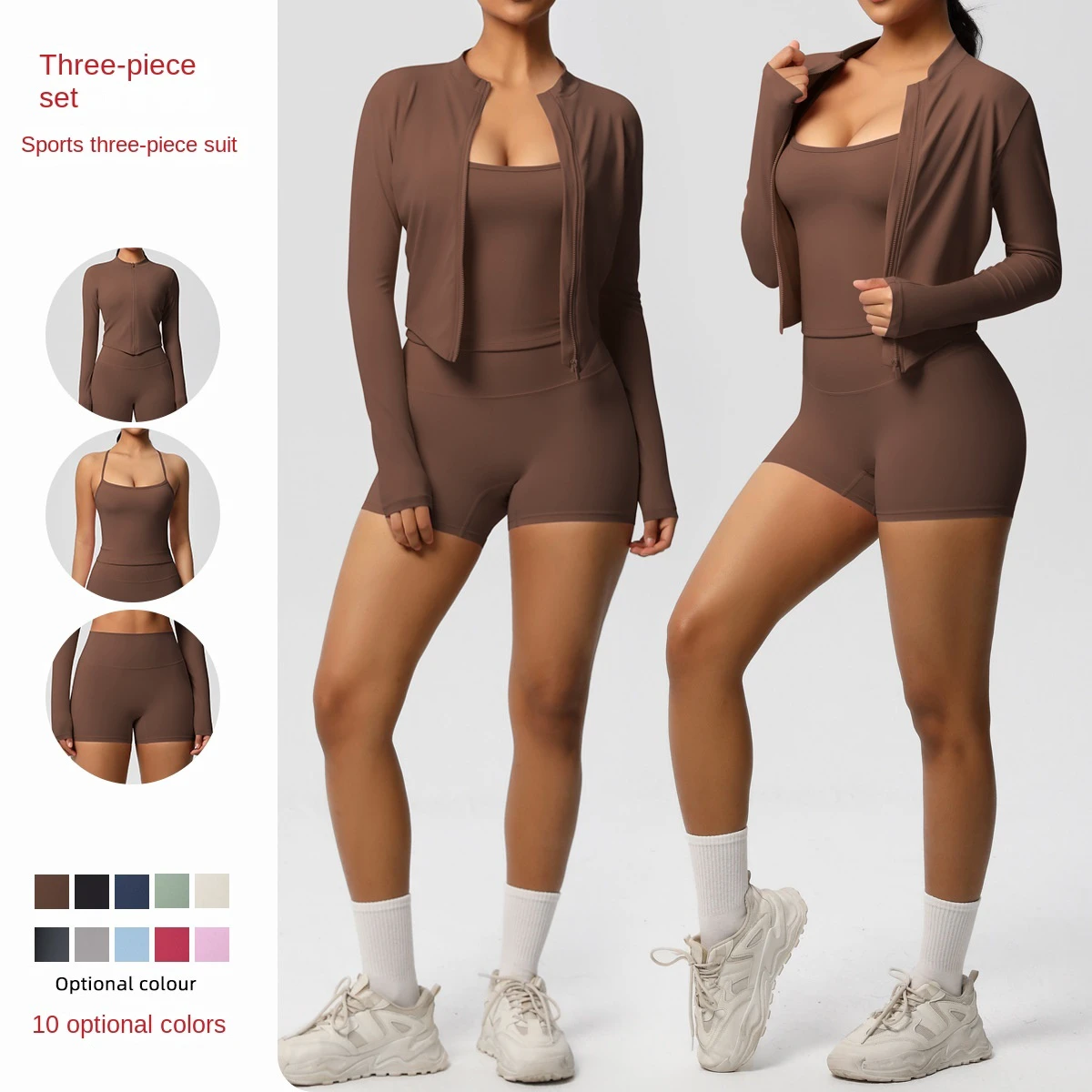 Women's Three-Piece V-neck Full-Length Sportswear Set Elastic Waist High-Waisted Solid Color Breathable Spandex/Nylon Yoga Suit