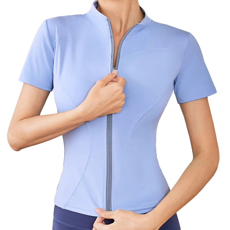 Custom High Elastic Yoga Top for Women Short Sleeve Sports Coat Stand Collar Breathable Nude Seamless Fitness Jacket Front Logo