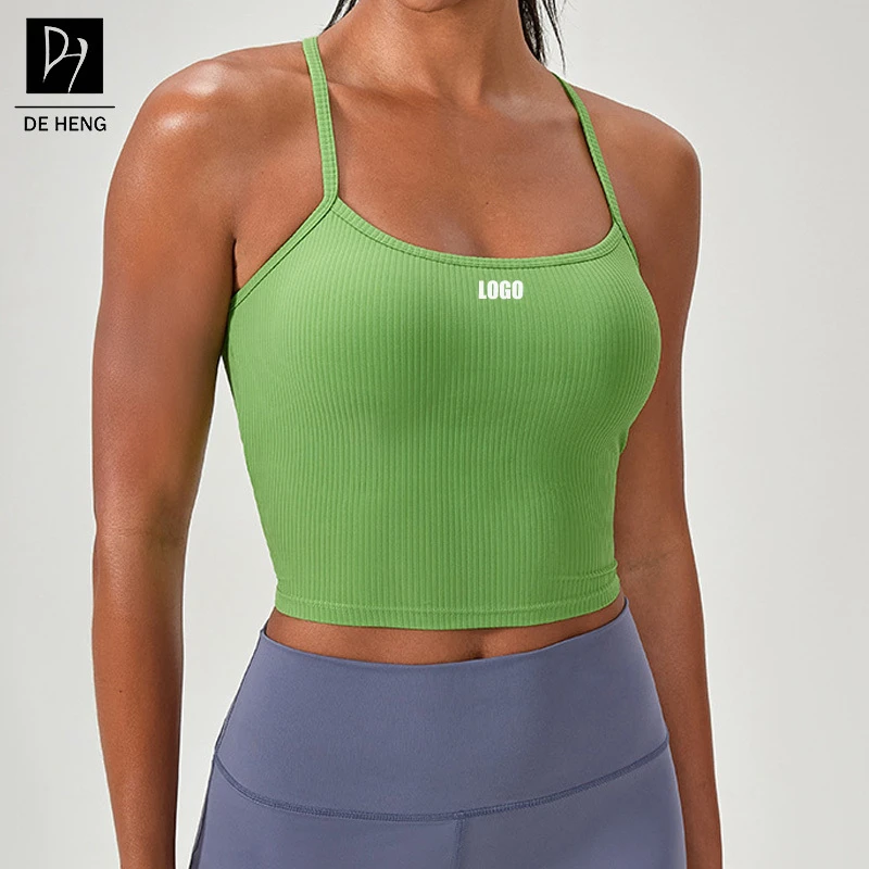 Custom Logo Active Fitness Women Sports Wear Rib Quick Dry High Elastic Double Straps Gym Yoga Bra Tank Top For Women