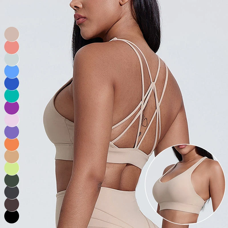 Thin Shoulder Strap V Neck Cross Back Workout Bra High Elastic Sport Underwear Sleeveless Fitness Yoga Top Sports Bra for Women