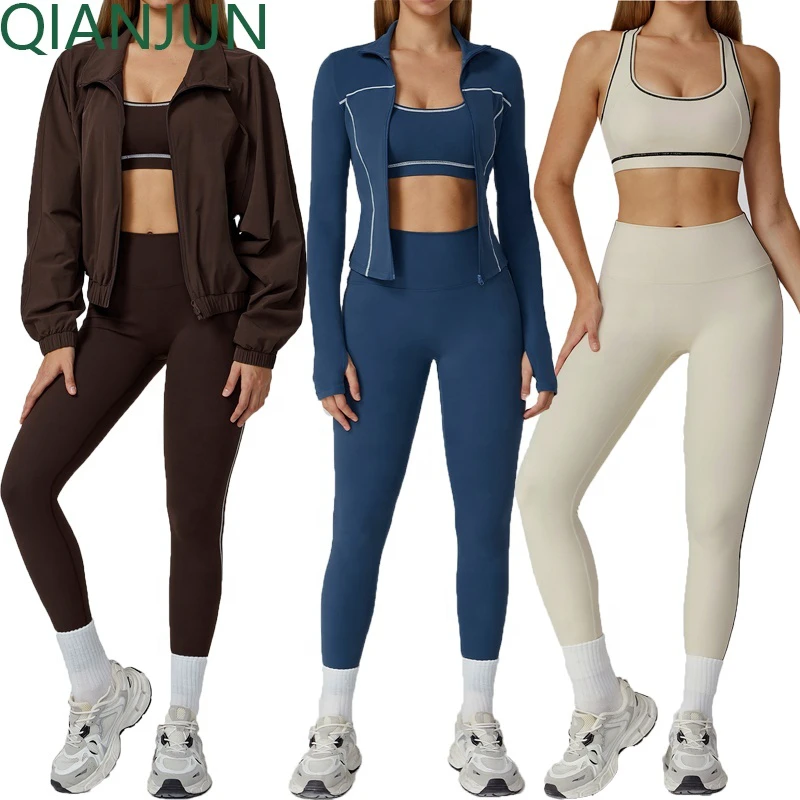 Wholesale Women's Loose High Neck Zip Jacket With High Waist Leggings Active Yoga Set Outdoor Sports Gym Fitness Wear