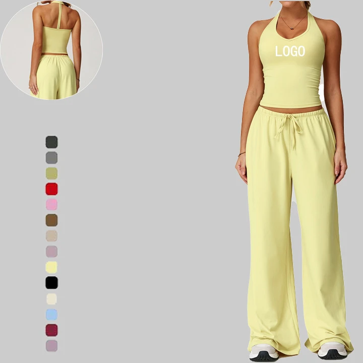 Women High Waist Halter Neck Sports Set Wide Leg Yoga Set 2-Piece Spandex/Nylon Yoga Set