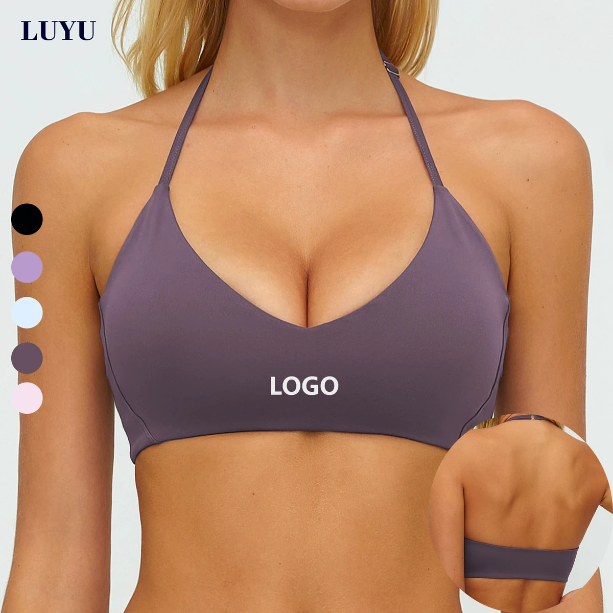 Custom Brand LOGO Sexy Deep V Neck Sports Halter Bra Backless Training Fitness Soft Naked Pilates Yoga Tops