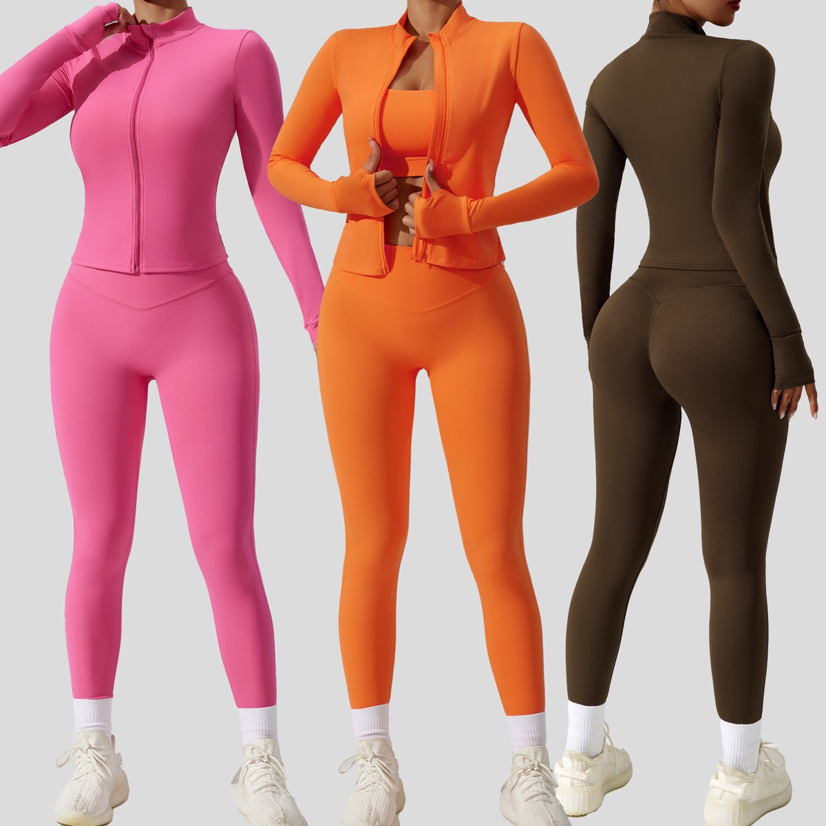 Women's Three-Piece Yoga Suit Quick-Drying Breathable Sportswear Solid Pattern Tight-Fitting Fitness Cardigan Front Comfortable