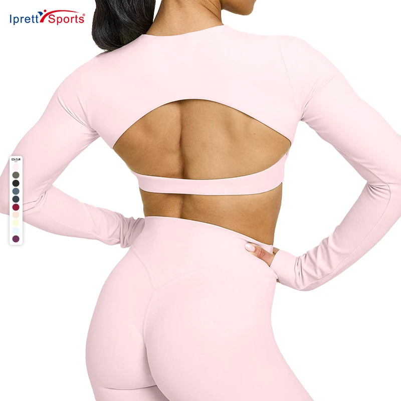Women's Sports Long Sleeve T-Shirt Open Back Fitness Clothing Elastic Breathable Yoga Top High Quality Women's Crop Tops