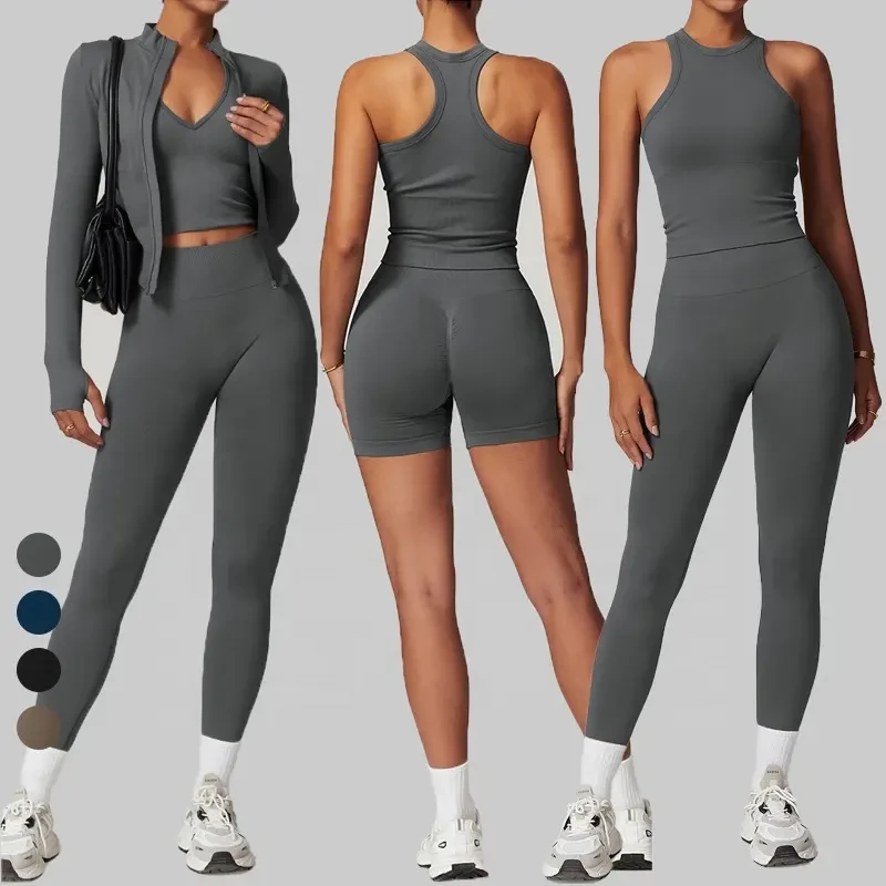 Wholesale Activewear Tennis Gym Fitness Set Sports Wear Gym Yoga Bra Leggings Jacket Quick Dry 3 Piece Gym Fitness Set