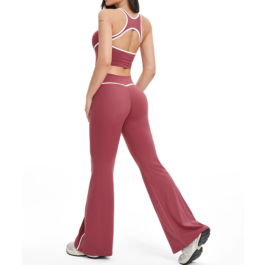 2-Piece Yoga Suit Set Spandex/Nylon Four-Way Stretch Breathable Eco-Friendly Hollow Back Flared Pants Elastic Waist High-Waisted