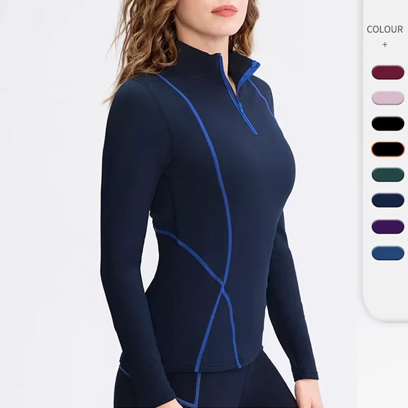New Women's Autumn Winter Breathable for Fleece Lined Long Sleeve Yoga Sports Suit Slim Fit Top Half Zipper Sweater OEM ODM