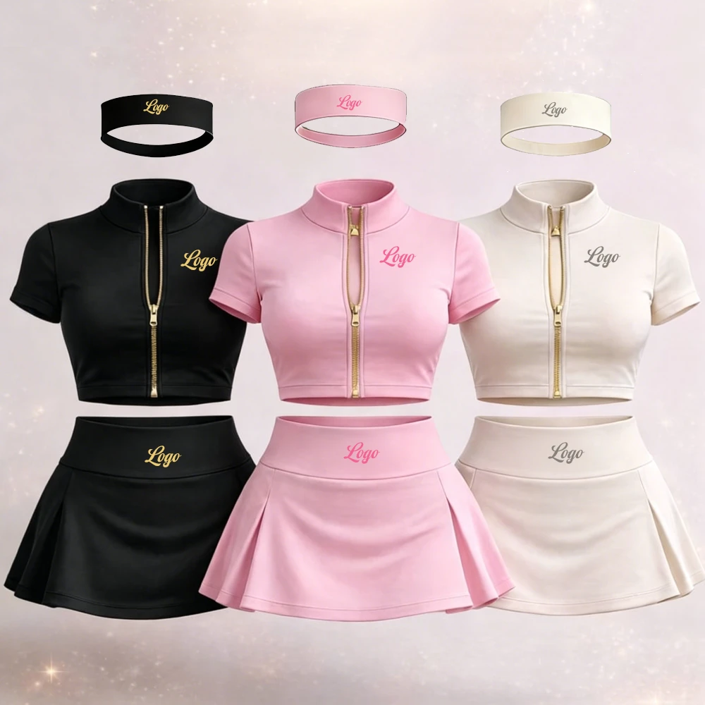 Custom Women's Sportswear Set 3-Piece Short Skirt Golden Zipper Yoga Jacket Mini Skirt Fitness Workout Set Fitness Sportswear