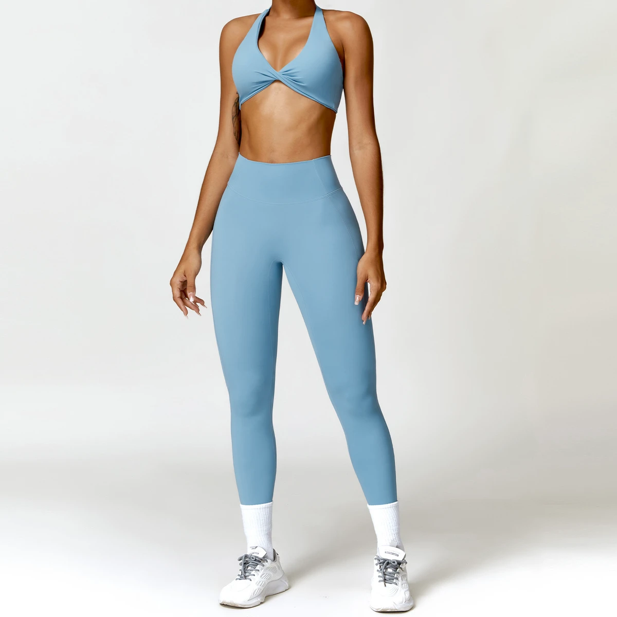 Cross-border Winter Tight-fitting Back-slimming Solid Breathable Yoga Front Print Fashion 2-piece Set Quick-drying Fitness Wear