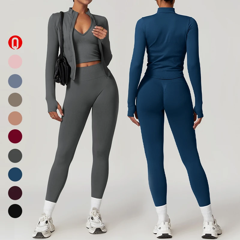 Seamless Fitness Women's Sportswear Running Vest Scrunch Butt Leggings Gym Jacket Workout Yoga Set 3 Piece Set Women Clothing