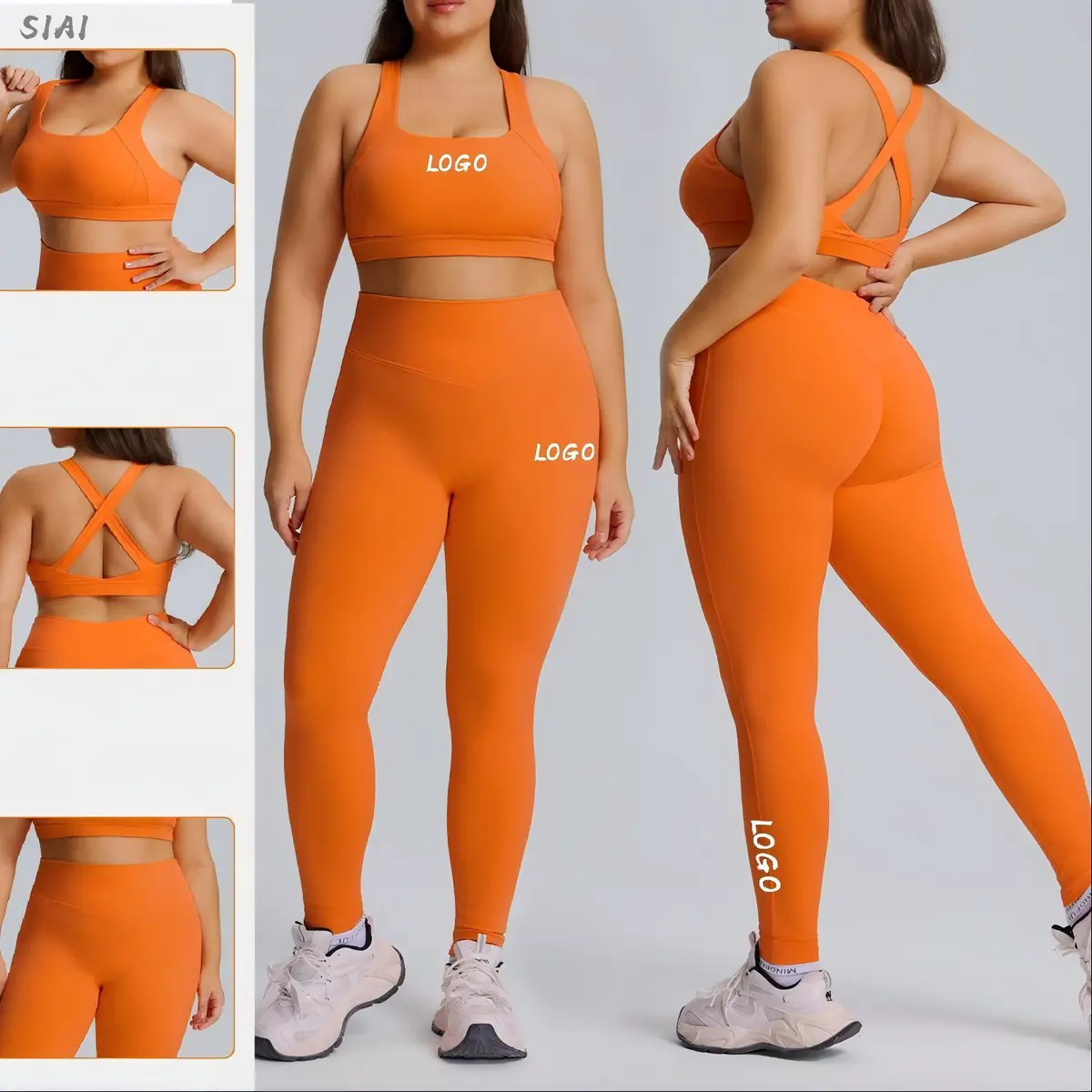 Plus Size Active Fitness 3pc Sets Outfits Mid Waist Solid Yoga Leggings Elastic Waist Sports Bra Jacket Breathable Gym Wear