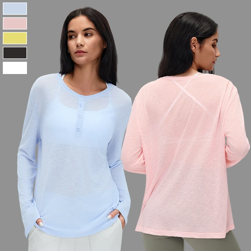 Custom Logo Loose Fit Long Sleeve Breathable Lightweight Workout Running Cover-Up Four-Way Stretch Quick Dry Yoga Top