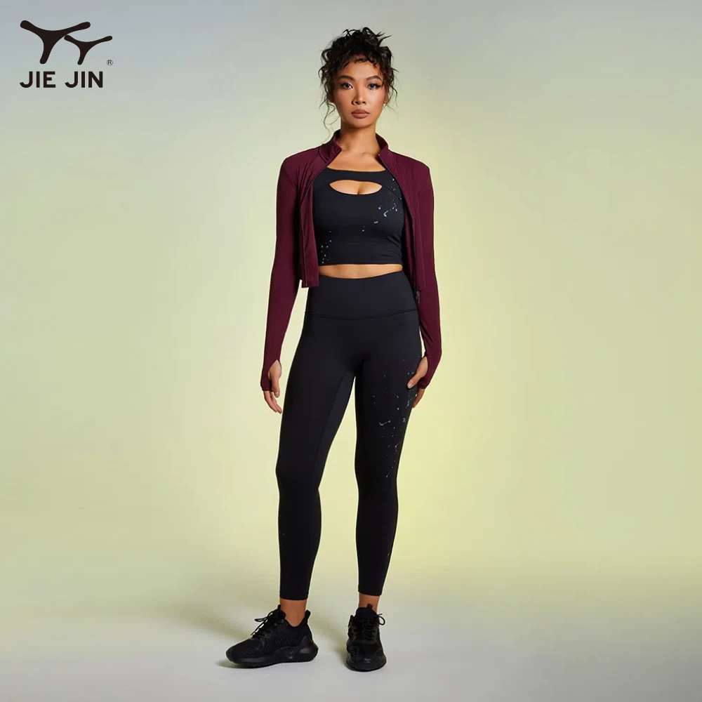JIEJIN New Style Women Sport Active Wear Three Piece Fitness Long Sleeve Stand Collar Zipper Jacket Yoga Sets