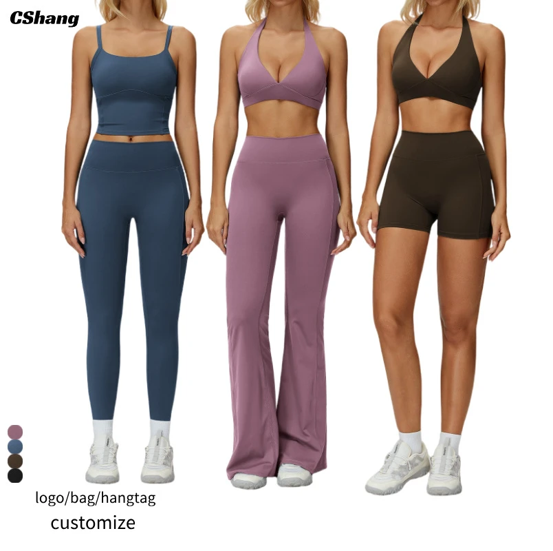 Custom Logo 5 Pieces Workout Set Women Sport Bra Butt Scrunch Leggings Activewear Gym Yoga Wear Suit Sports Set