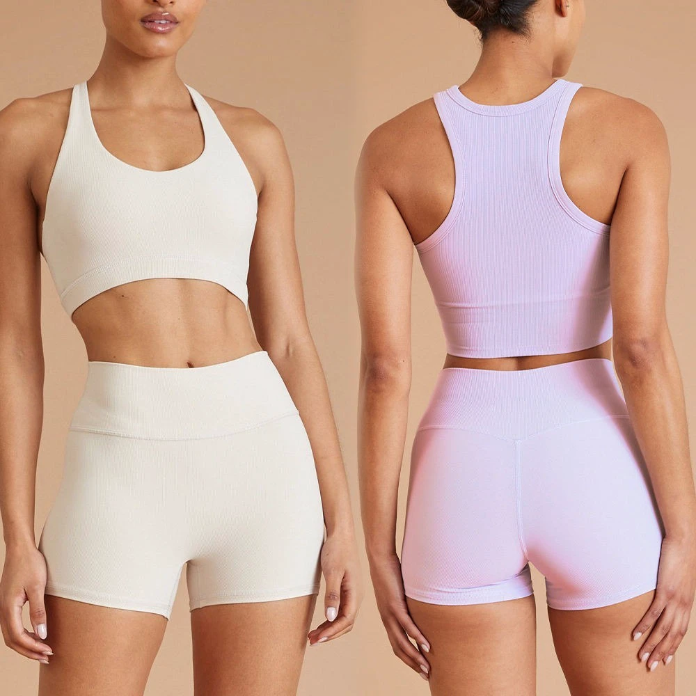 Custom Women Girls Breathable Plus Size Stretchy Lightweight Padded Crop Top Vest Bra Shorts Yoga Sets Scrunch Shorts Sports Bra