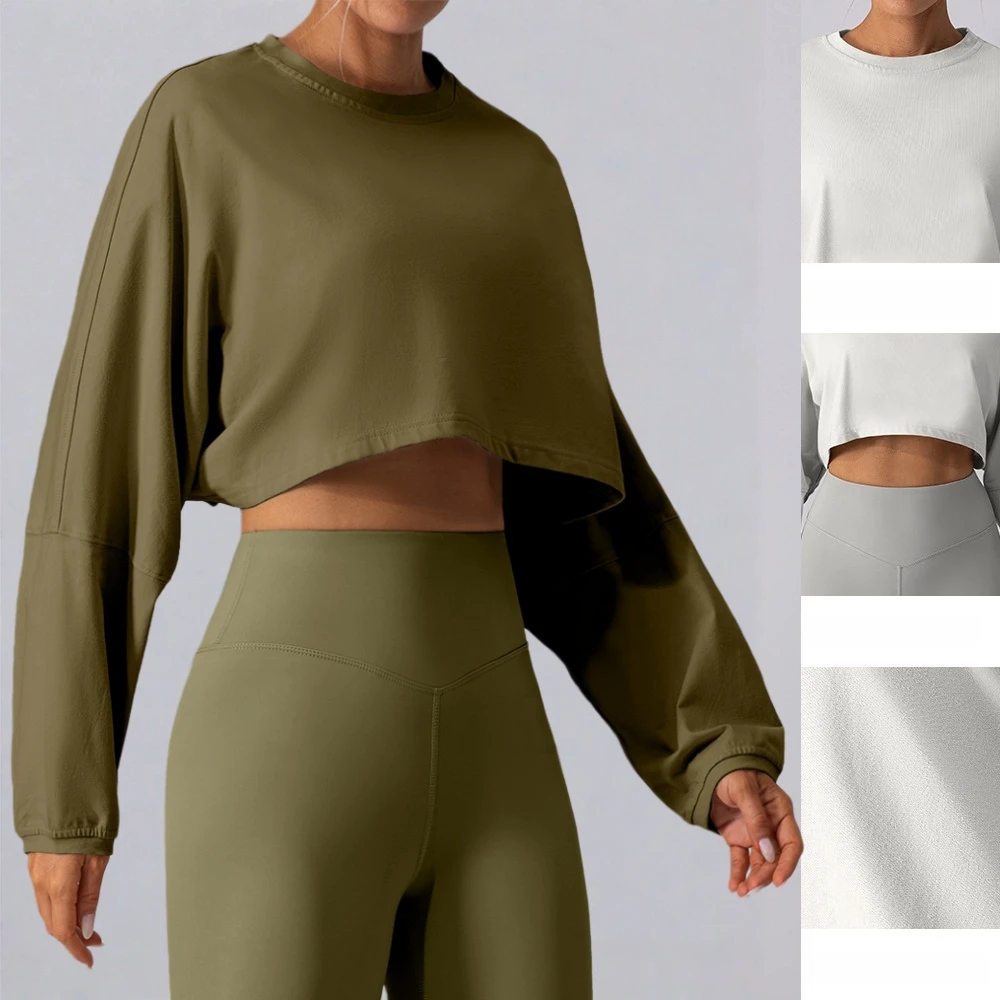Women's Athletic Crop Top Round Neck Loose Fit Modal Cotton Long Sleeve Sportswear for Workout Yoga Casual Daily Wear