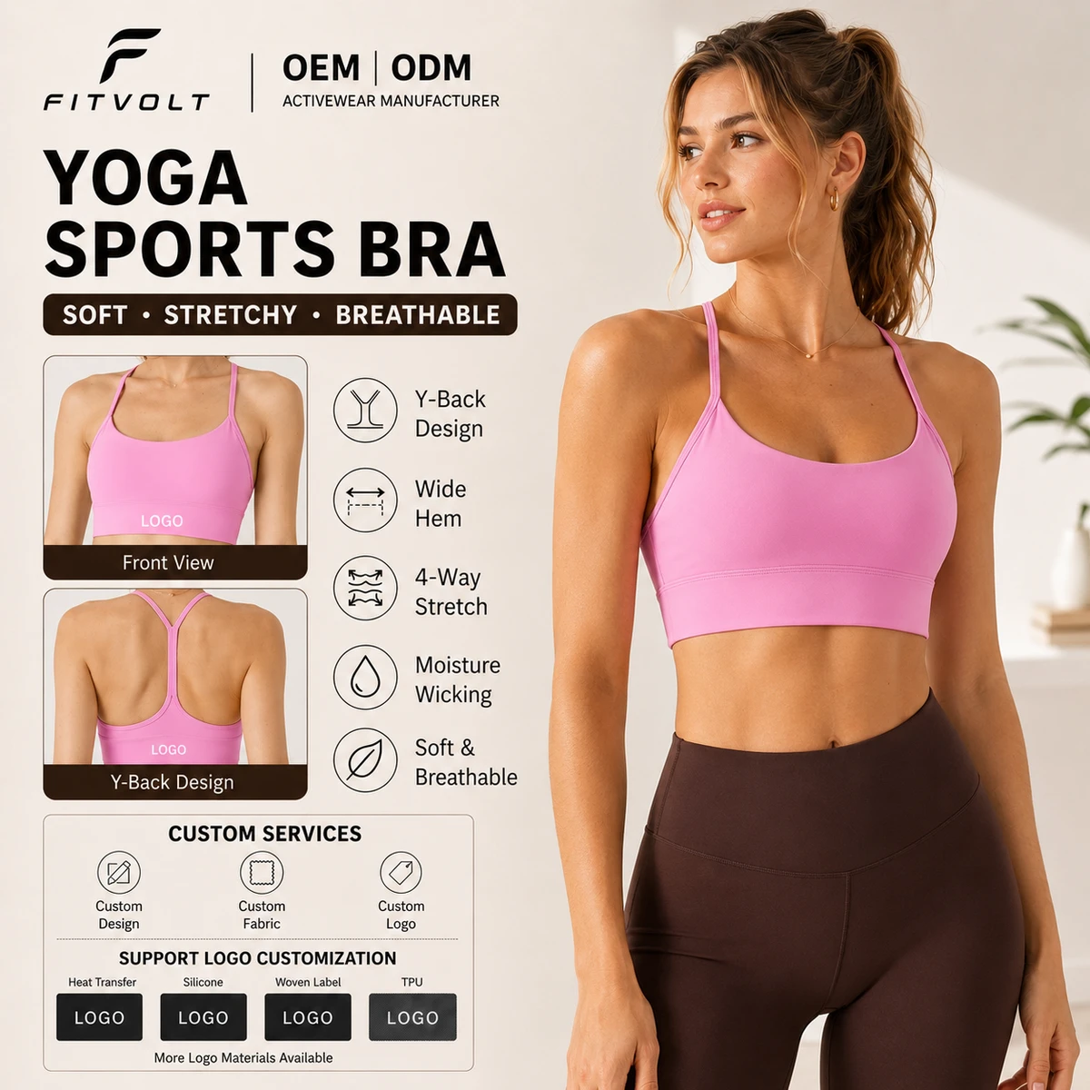 FITVOLT Easy Tear Label Custom Logo Service Backless Sports Yoga Bra Buttery Soft Yoga Tank Top Women's Pilates Sports Bra Top