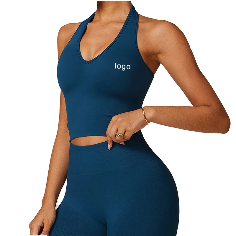 Halter Neck Backless Solid Breathable Yoga Sports Bra Seamless Lightweight High Support Shockproof Workout Moisture-Wicking TOP