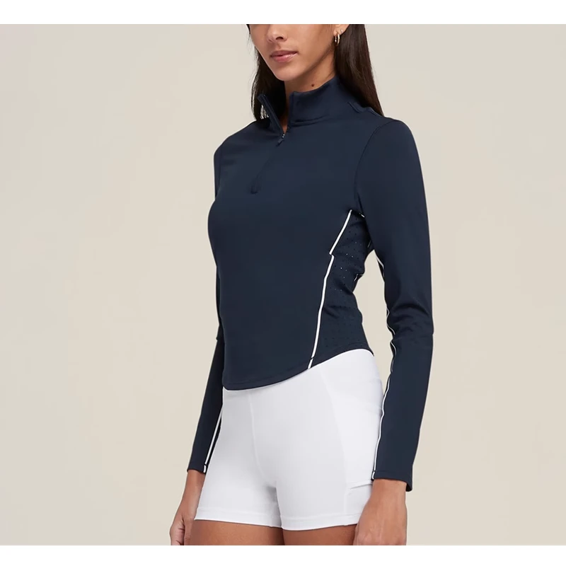 Nylon Mesh Cropped Workout Yoga Athletic Slim Fit Shirts Quarter Zip Long Sleeve Pullover Women Sports Top