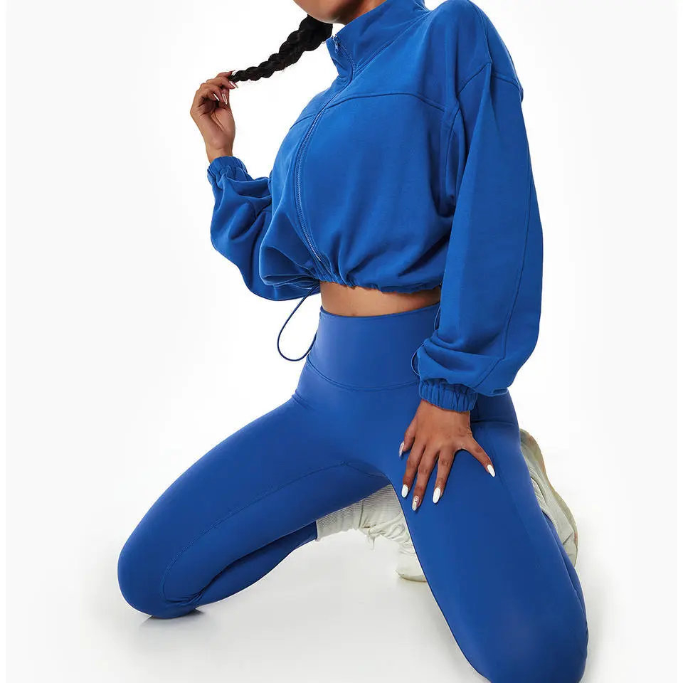 Breathable Workout Sportswear Gym Custom Women 4 Piece High Waist Yoga Set - Long Sleeve Zipper Nylon Cotton Activewear