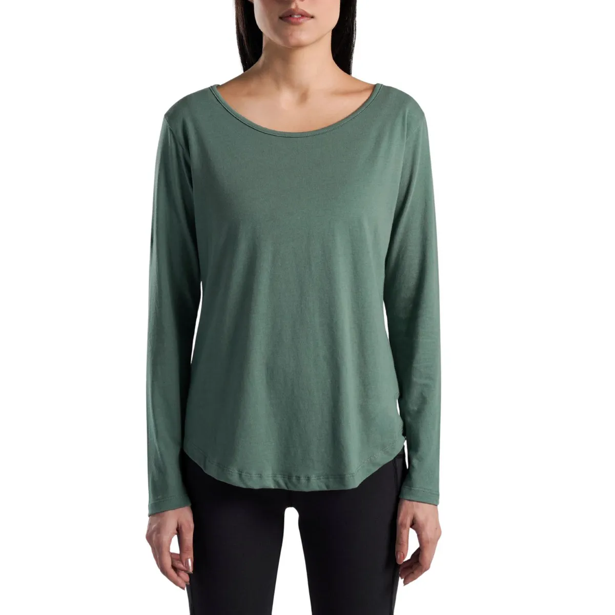 Custom Women Long Sleeve T Shirt Round Neck Loose Fit Casual Gym Wear Breathable Soft Cotton Fitness Yoga Plain Green T Shirt